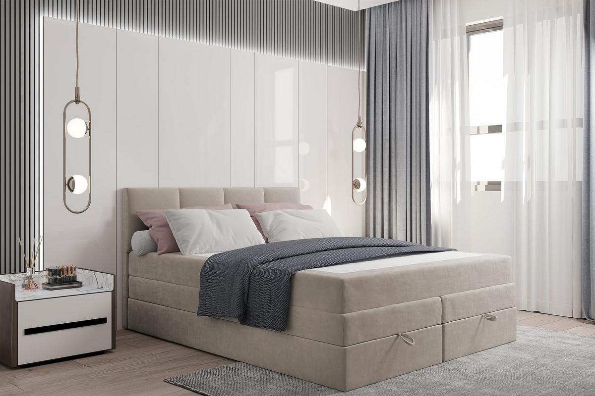 BOXSPRINGBETT 180 x 200 cm PRADO mit Taschenmatratze H3 und Bettkasten, Beige - Beige, Holzwerkstoff/Kunststoff (180/200cm) - Trada
