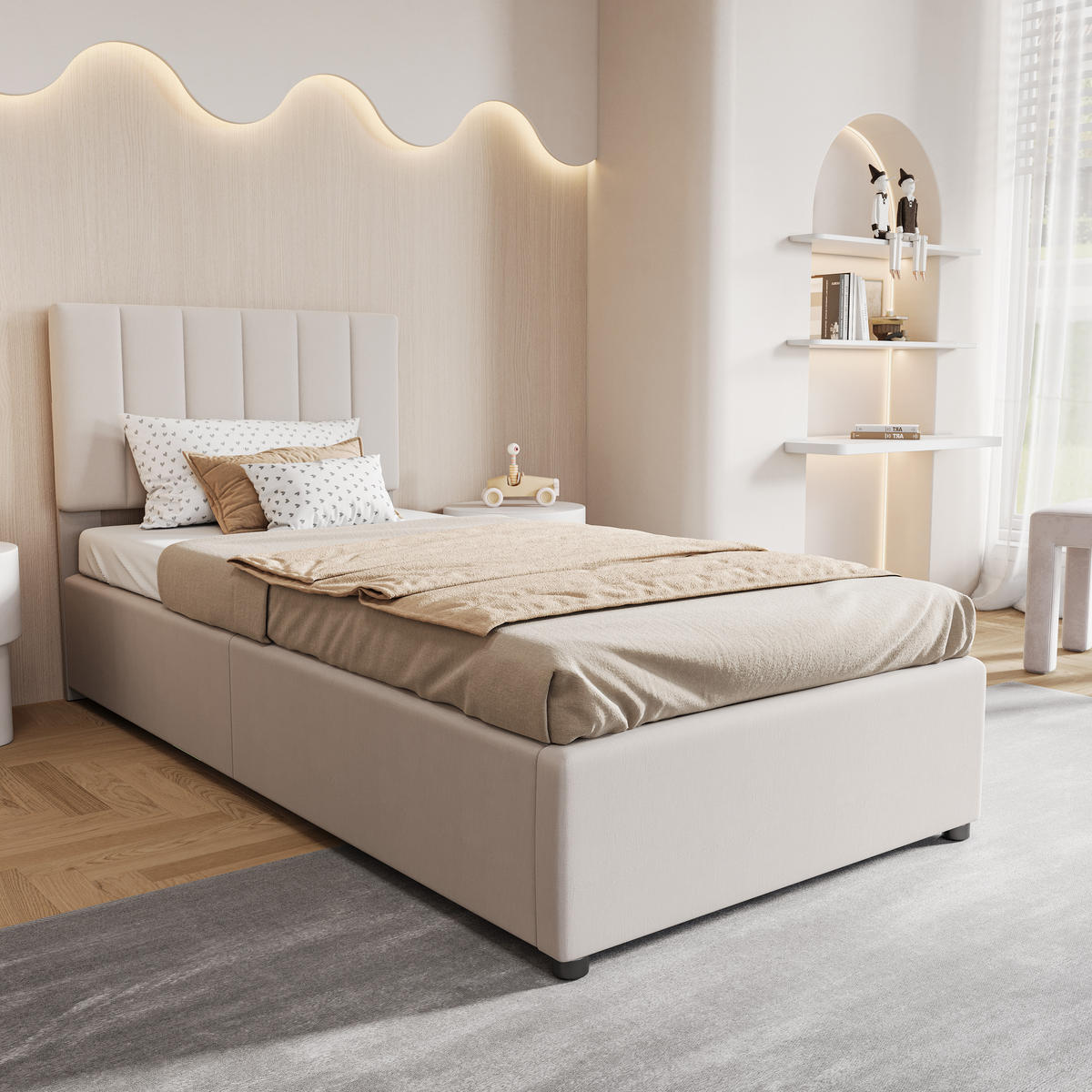 KINDERBETT 90/200 cm, in Beige, Stauraumbett mit Hydraulischem Bettkasten, Höhenverstellbares Gepolstertes Kopfteil, Lattenrost für Kinderzimmer - Beige/Schwarz, Holz/Textil (90/200cm) - BPKADHY