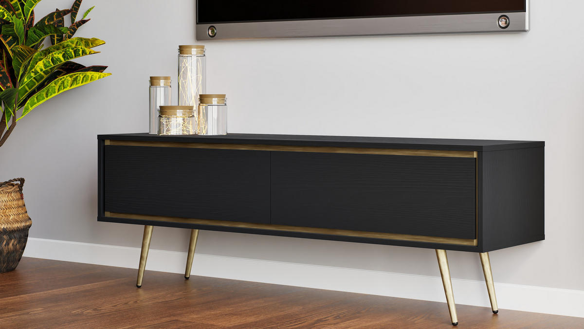 TV-SCHRANK Torina Schwarz, mit goldenen Beinen - Goldfarben/Schwarz, Holzwerkstoff/Metall (150/50/40cm) - Bettso