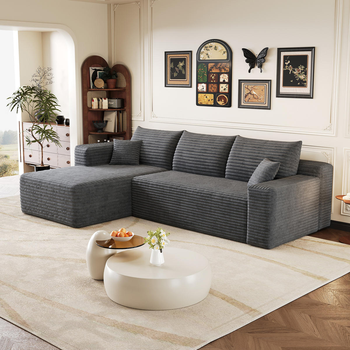 ECKSOFA Cord Dunkelgrau ohne Montage - Grau, Textil (241/151cm) - WISHDOR