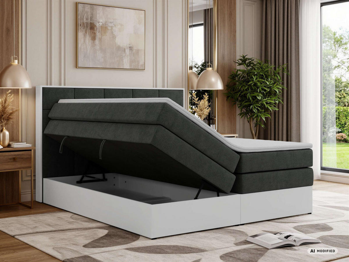 BOXSPRINGBETT ALVIT KING 160/200 - Dunkelgrau Stukture - Topper T25 - H3 - Dunkelgrau/Schwarz, Kunststoff/Textil (160/200cm) - MKS