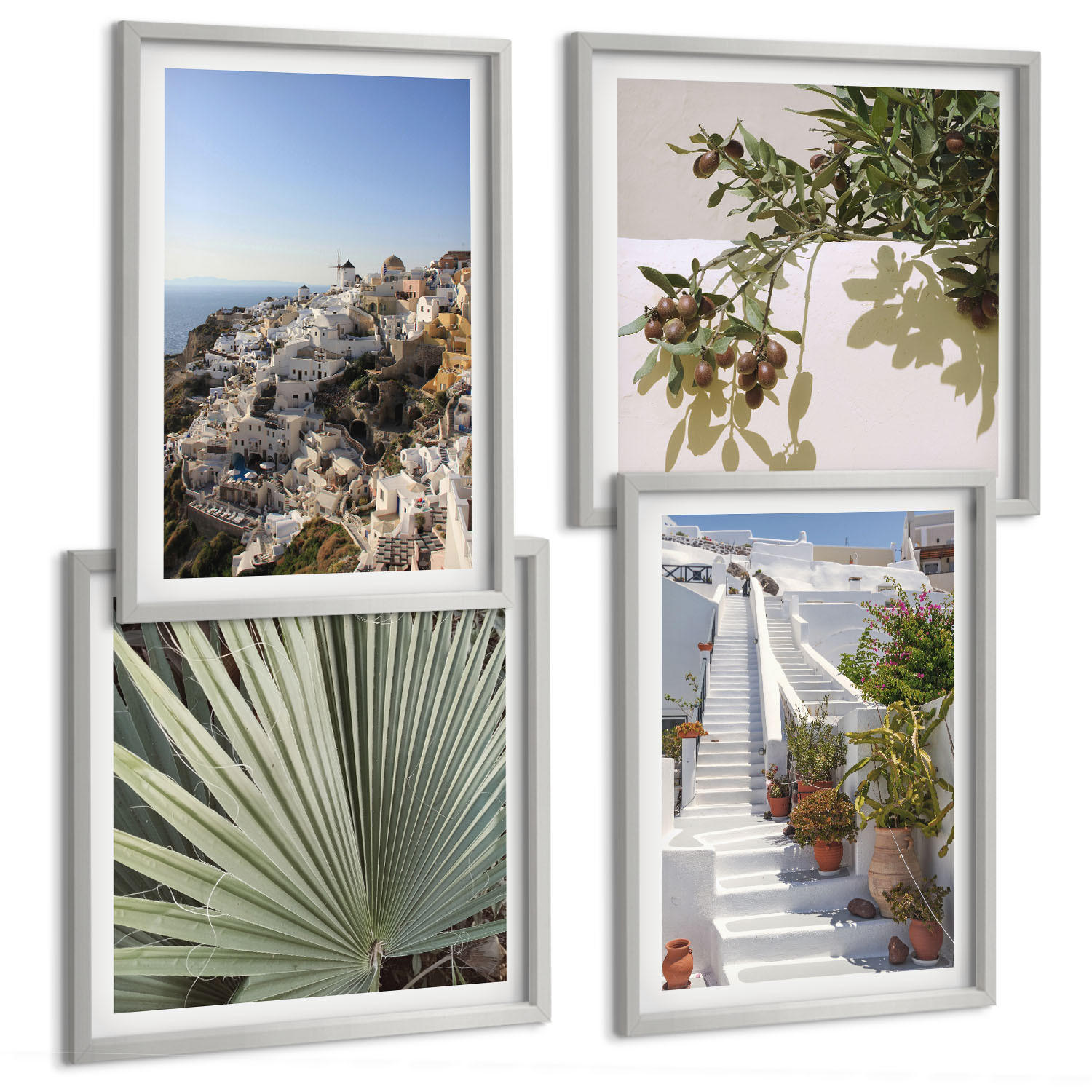 BILDER SET 4er Set - 50x50 cm & 40x60 cm Silberner Rahmen - Weiße Treppe mit Blick auf Santorini - Silberfarben, Kunststoff (50/50cm) - TULUP