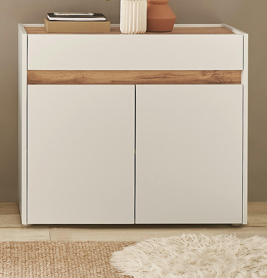 Thumbnail - Furn.Design Schuhschrank, Weiß, Eiche Wotan, Holzwerkstoff, Nachbildung,Eiche, Uni, 1 Fächer, 2 Schubladen, 80x70x40 cm,...