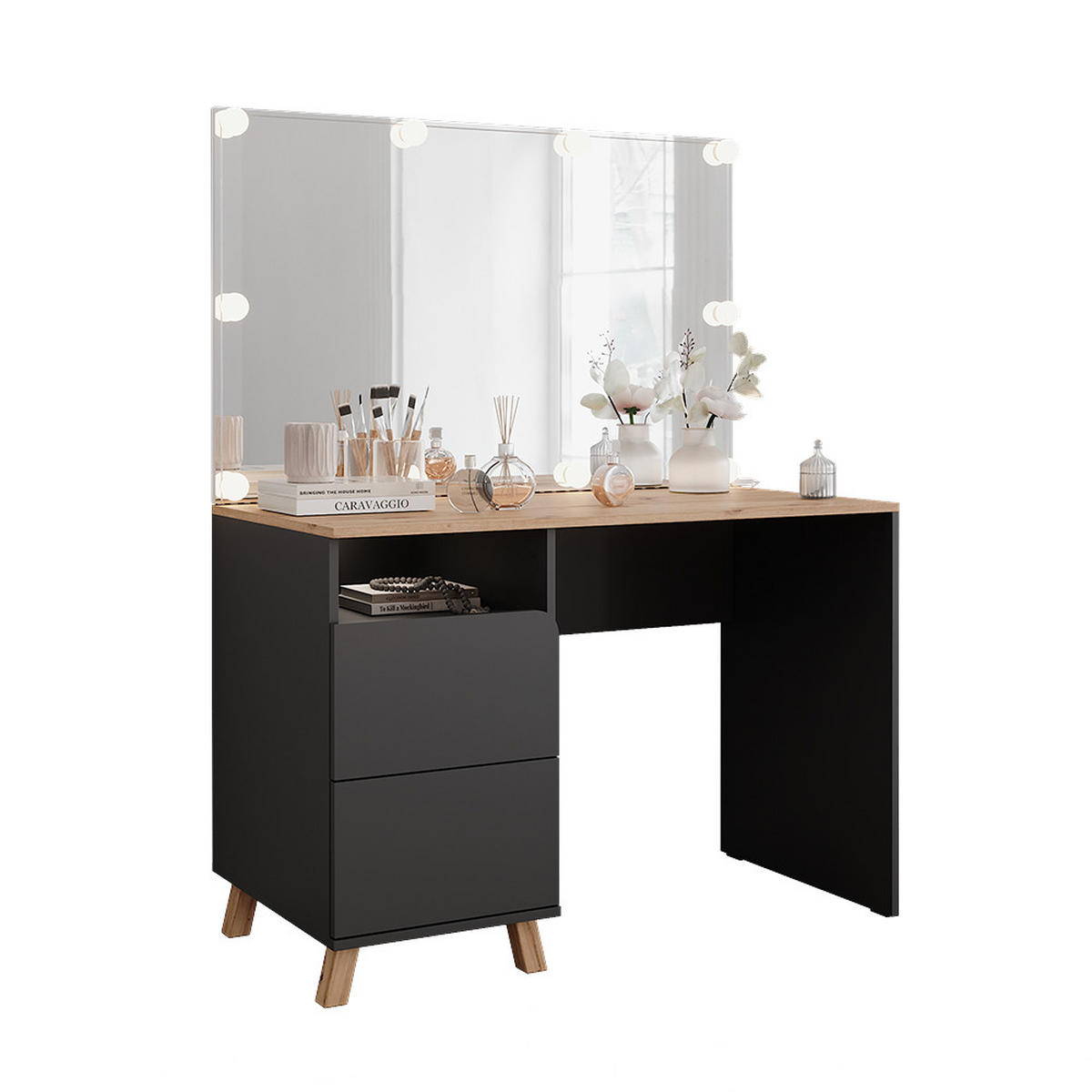 SCHMINKTISCH Karen Anthrazit/Artisan 110 cm mit LED-Lichterkette - Anthrazit/Eiche Artisan, Holzwerkstoff (110/75/55cm) - Vicco