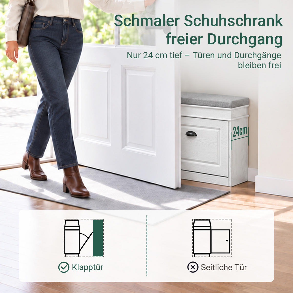 SCHUHBANK Weiß, 61x24 cm, graues Polster, Druckauszug, 4 Paar, bis 150 kg - Weiß, Holzwerkstoff (61/51/24cm) - SoBuy