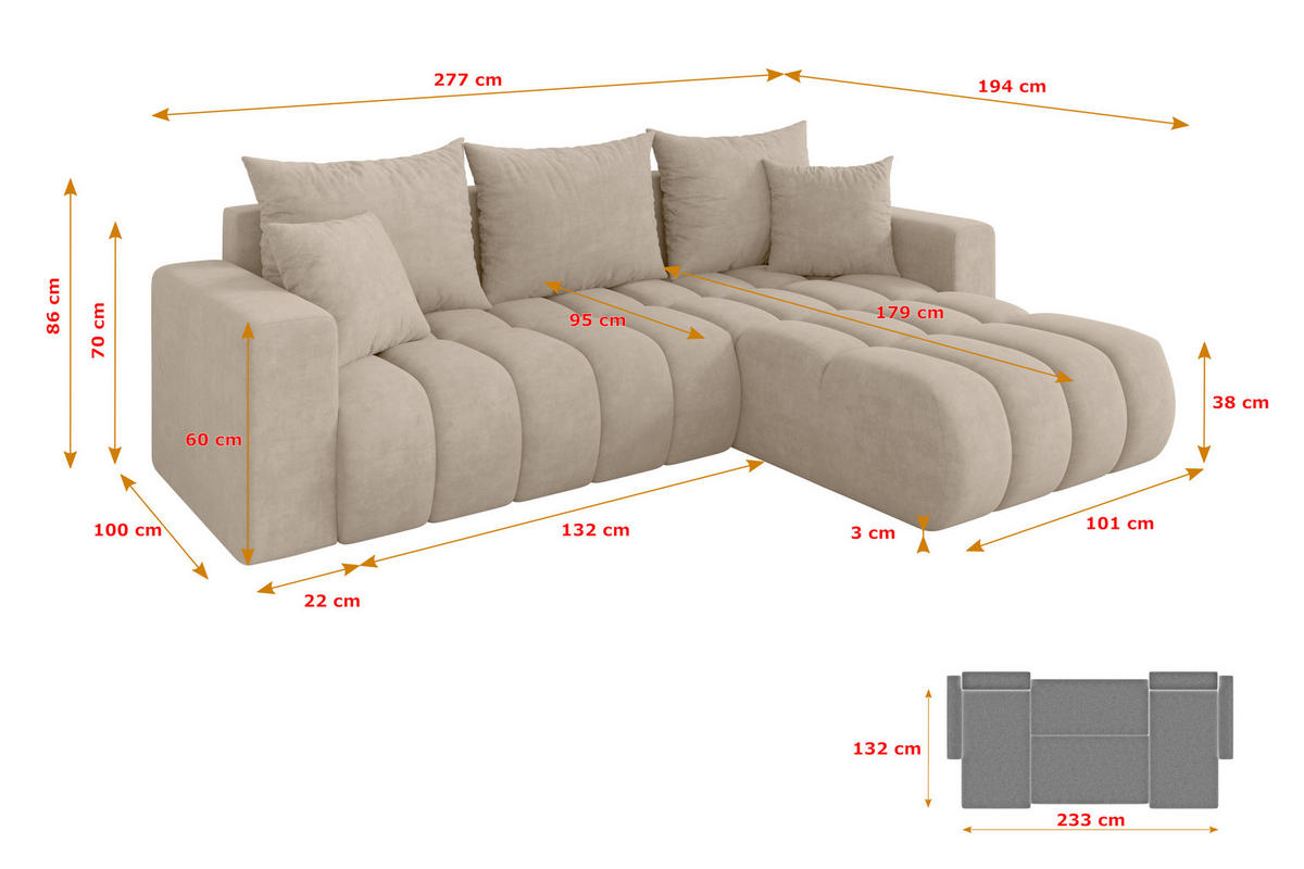 ROHOVÁ SEDAČKA s funkcí spaní, otoman vpravo MILA-L-v1 277x195x86 béžová velur - černá/Sahara, kompozitní dřevo/textil (277/194cm) - ALTDECOR