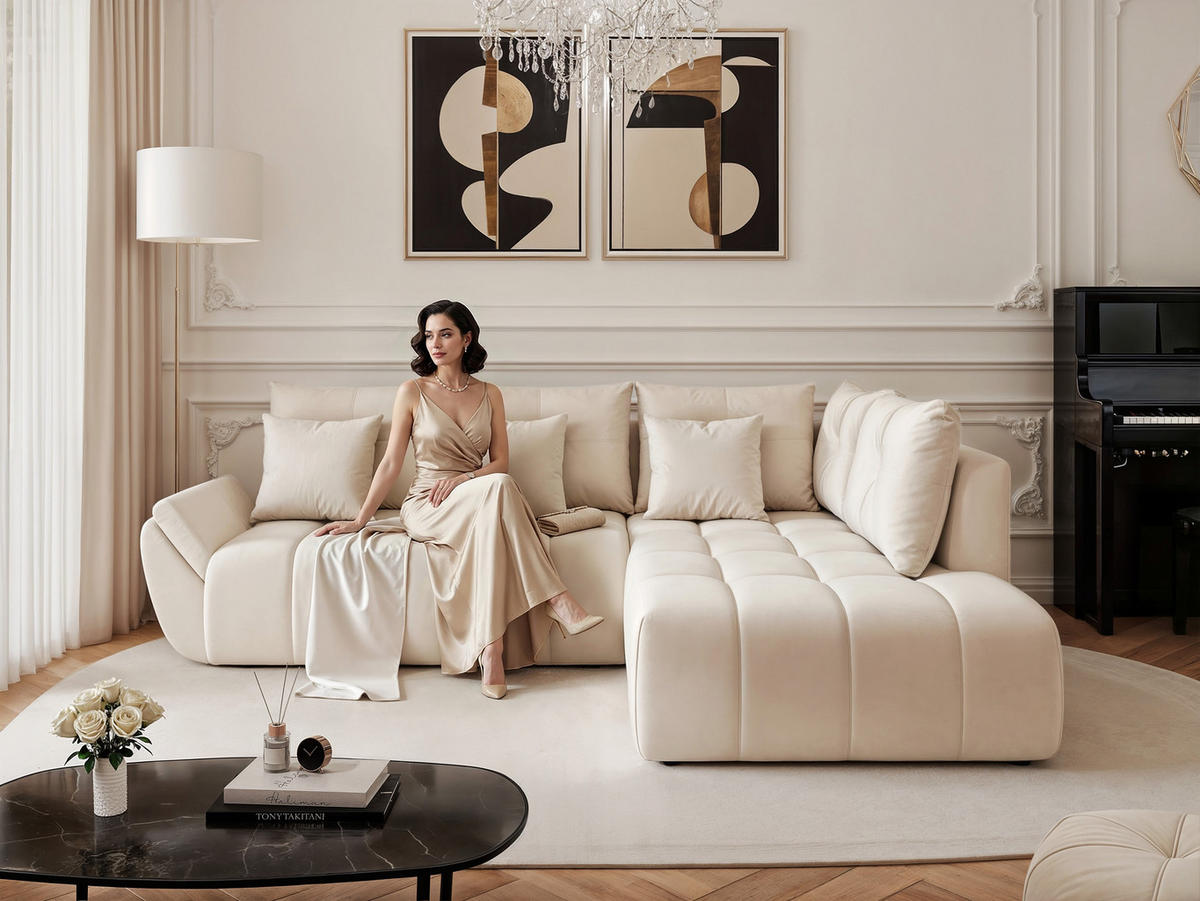 ECKSOFA DOLCE mit Schlaffunktion und Bettkasten Creme - Creme, Holzwerkstoff/Kunststoff (266/190cm) - Idohome