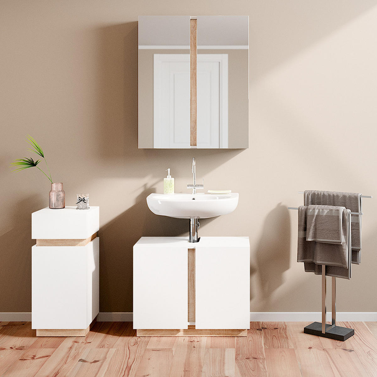 BADMÖBEL-SET Gloria Weiß 3 Teile, mit Midischrank - Weiß/Sonoma Eiche, Holzwerkstoff (70/55/34cm) - Vicco