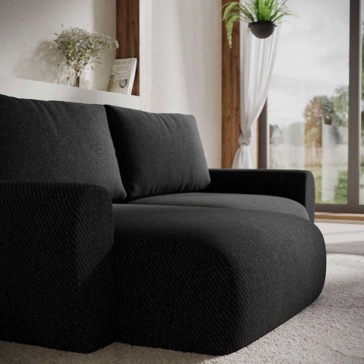 ECKSOFA OMARI mit Schlaffunktion Schwarz im Neve Stoff - Schwarz, Holz/Holzwerkstoff (253/153cm) - AltaBeds