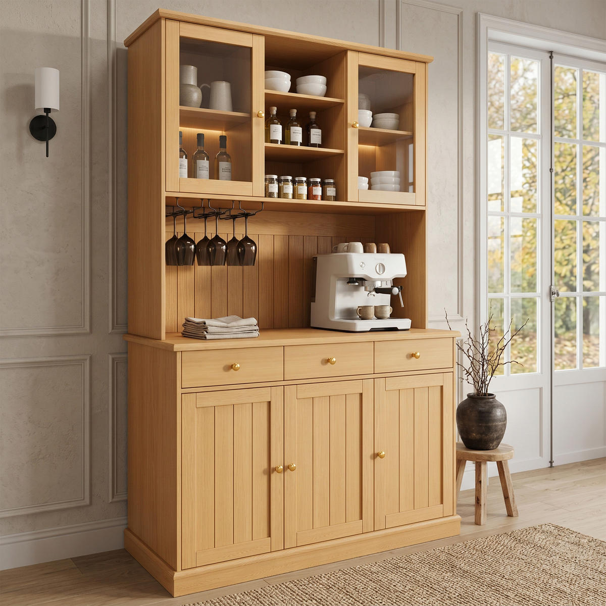BUFFETSCHRANK 120x40x191 cm, Glastüren, Gläserhalter, 2 Steckdosen, USB-A/USB-C-Anschlüsse, Naturfarbe - Naturfarben, Holzwerkstoff (120/191/40cm) - FOHERE