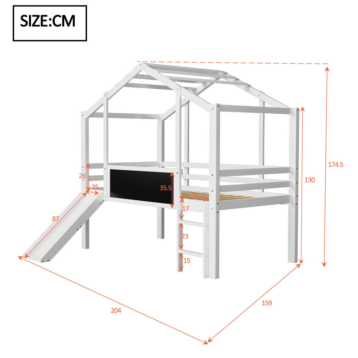 HOCHBETT 90/200 cm Dachboden-Design mit Rutsche und Tafel Weiß mit Matratze - Weiß, Holzwerkstoff (90/200cm) - OKWISH