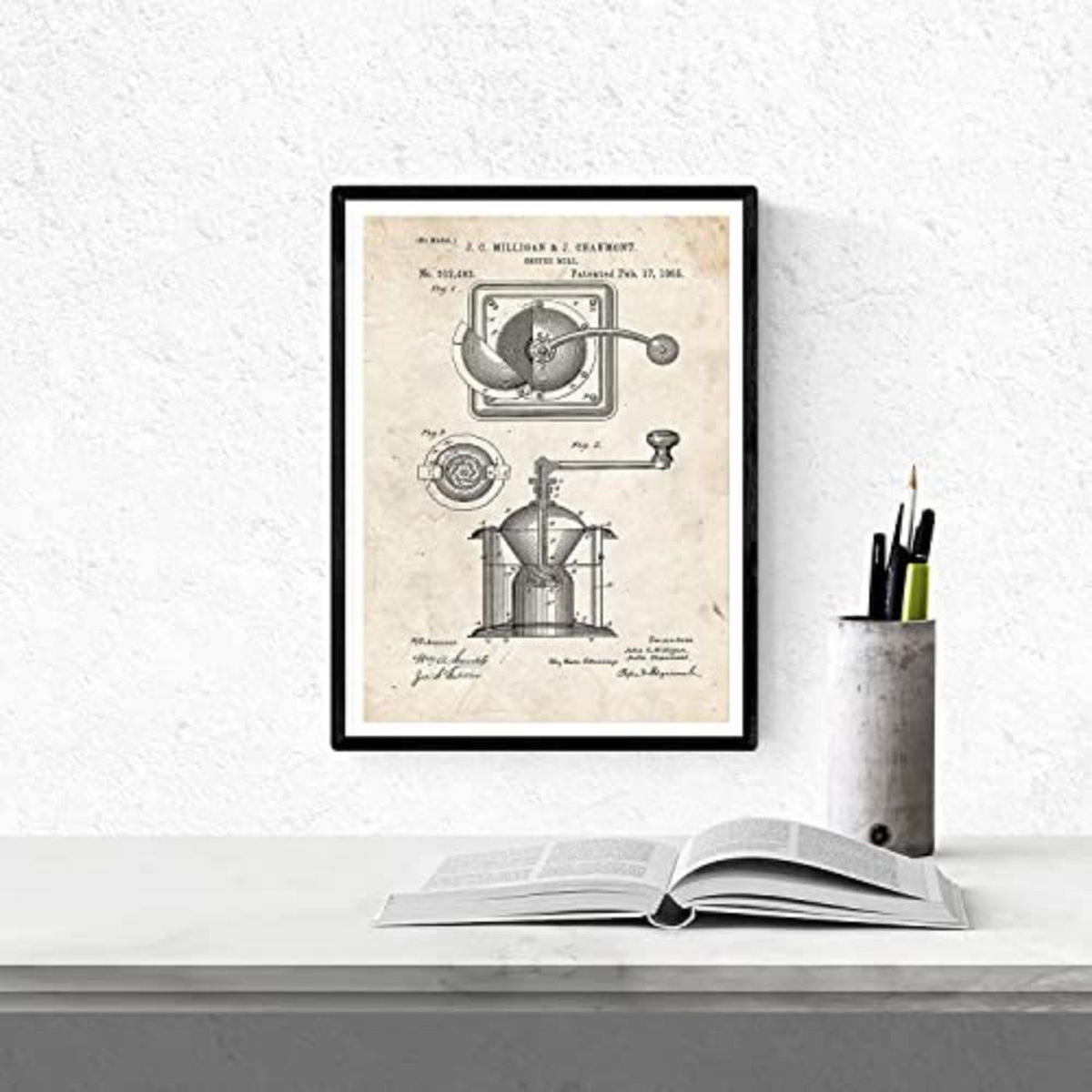 POSTER Set mit 4 Jahrgang cafeteras Patenten A4 Schwarzer Rahmen - Schwarz, Papier (29.7/3cm) - Nacnic