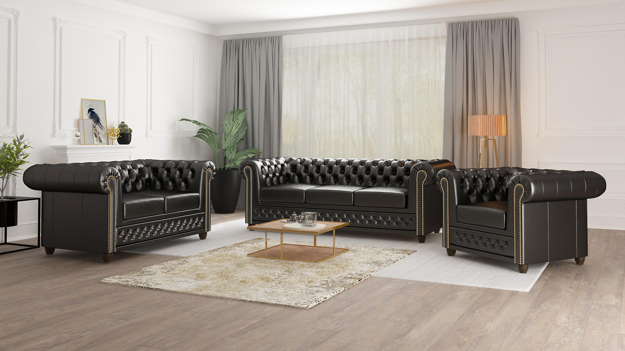 SITZGARNITUR 3+2+1 mit Schlaffunktion Chesterfield Morin Schwarz Vegan Leder - Schwarz/Braun, Buchenholz/Textil (203/72/86cm) - S-Style Möbel