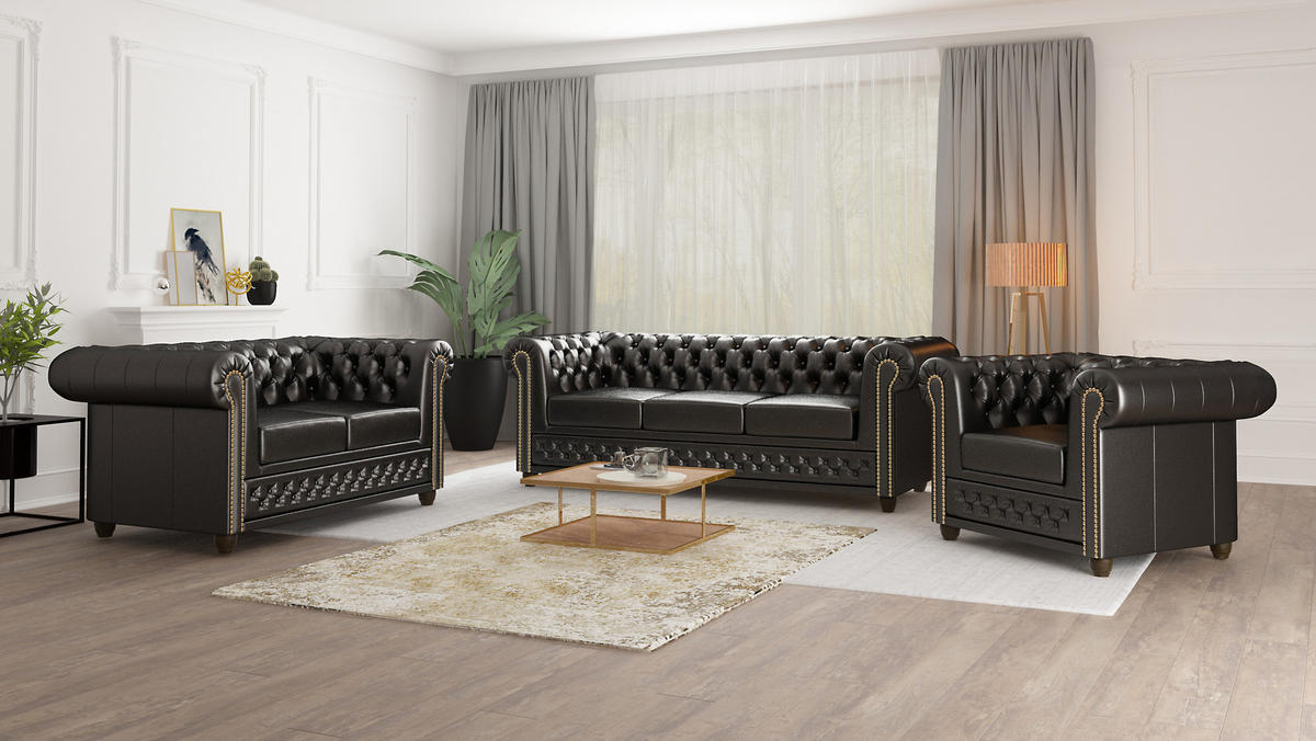 SITZGARNITUR 3+2+1 mit Schlaffunktion Chesterfield Morin Schwarz Vegan Leder - Schwarz/Braun, Buchenholz/Textil (203/72/86cm) - S-Style Möbel