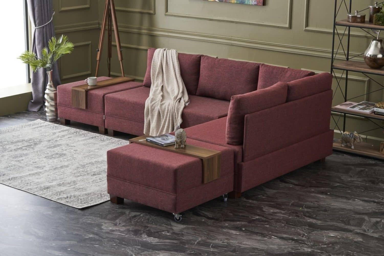ECKSOFA mit rollbarer Schlaffunktion - Rot/Walnussfarben, Holz/Textil (210/280cm) - myHomelando