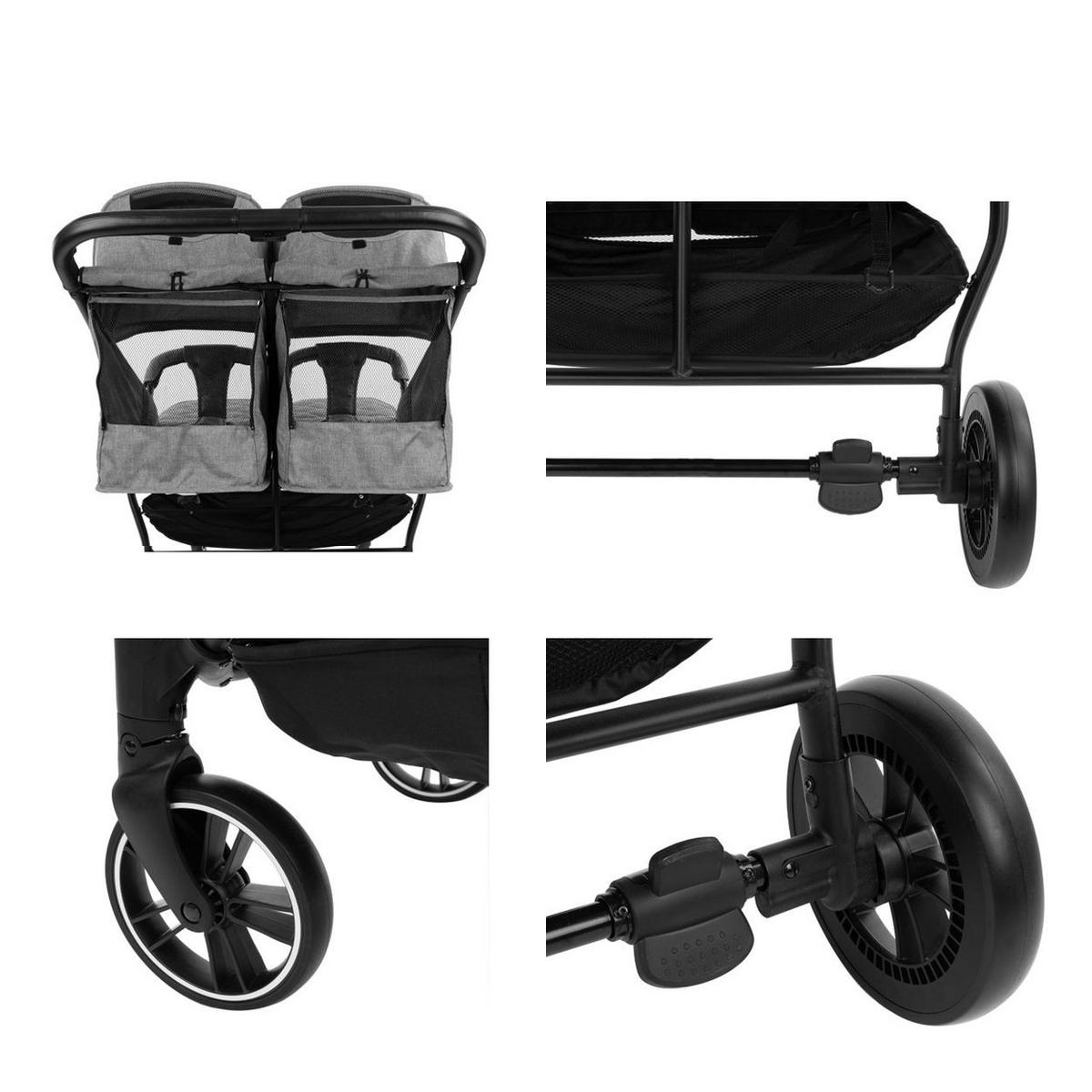 GESCHWISTERKINDERWAGEN Happy 2 hellgrau faltbar, Regenschutz, Fußsack, gefedert - Grau, Metall (79/73/104cm) - Kikka boo