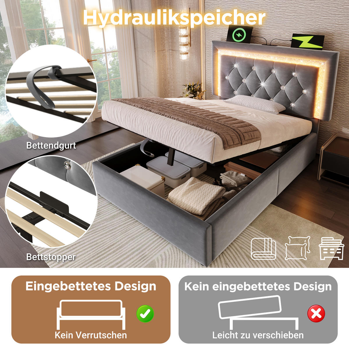 POLSTERBETT 90/200 cm Grau aus Samt mit LED-Beleuchtung und Bettkasten - Grau, Textil (90/200cm) - OKWISH