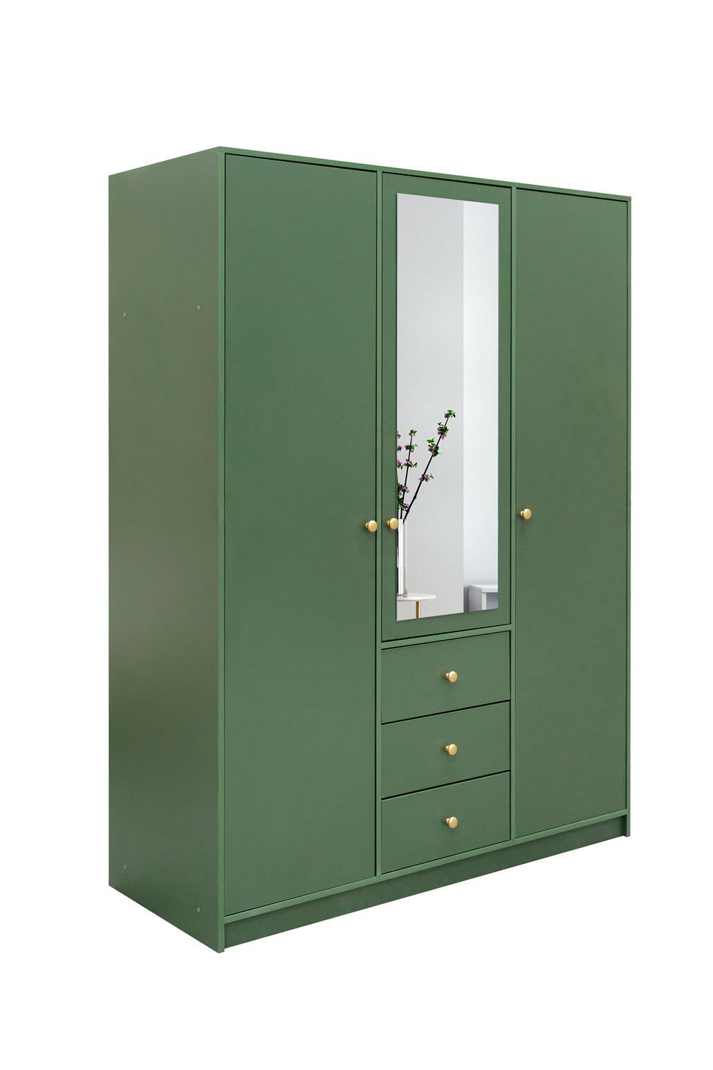 KLEIDERSCHRANK Rainbow Grün, viertüriger Drehtürenschränk mit Spiegel und Schubladen - Grün, Holzwerkstoff (196/200/58cm) - Bettso