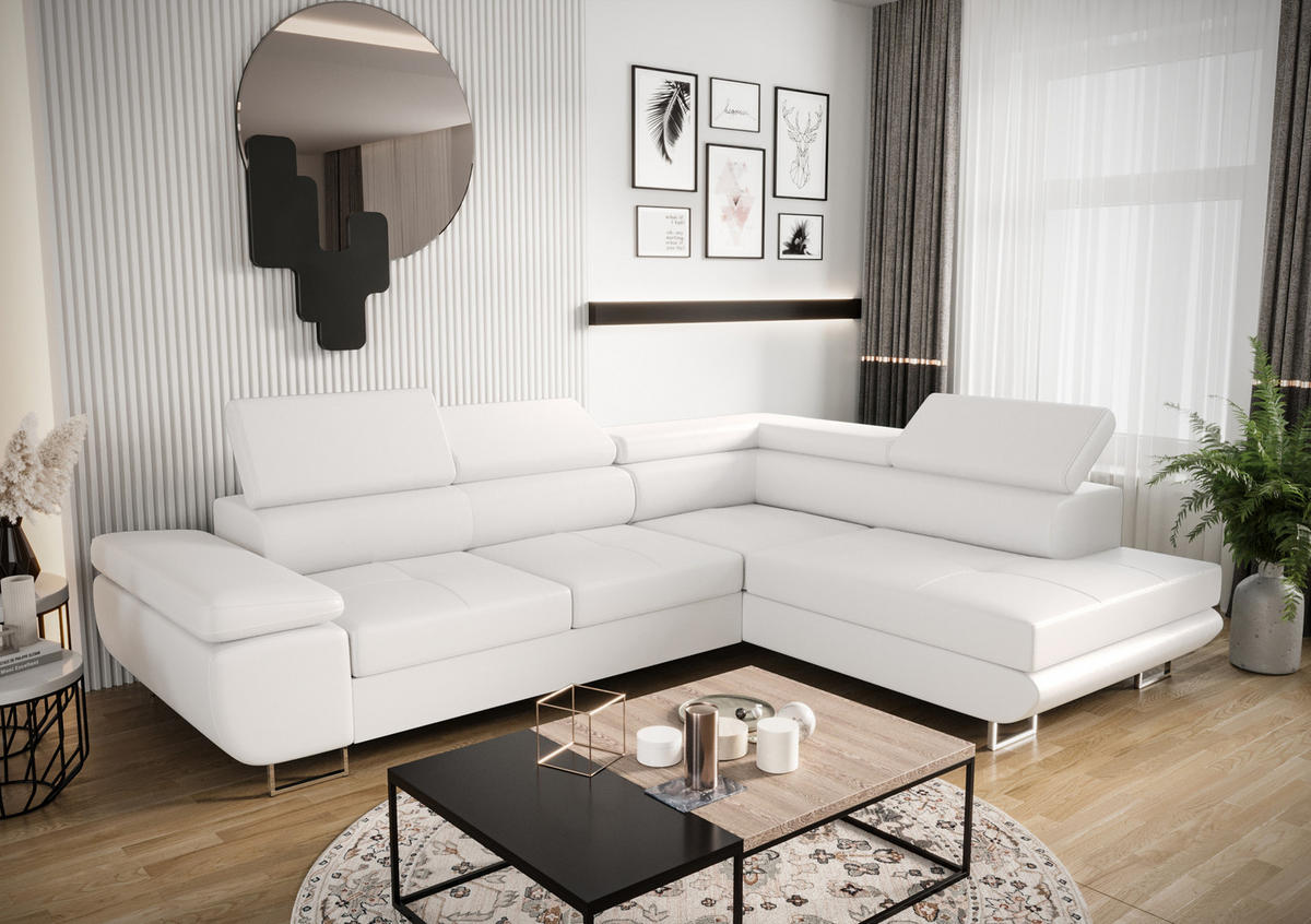 ECKSOFA PRAGA DESIGN L, Eckcouch in L-Form mit Schlaffunktion, Farbe: Weiß, Kunstleder, Ottomane Universal - Weiß, Textil (275/202cm) - O-Sofa