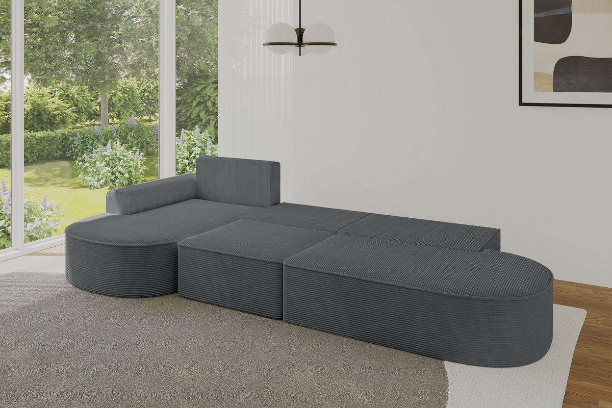 ECKSOFA mit Schlaffunktion Ottomane Links MARI L2-S 368X167X85 Dunkelgrau Cord - Graphitfarben/Schwarz, Holzwerkstoff/Kunststoff (368/167cm) - ALTDECOR