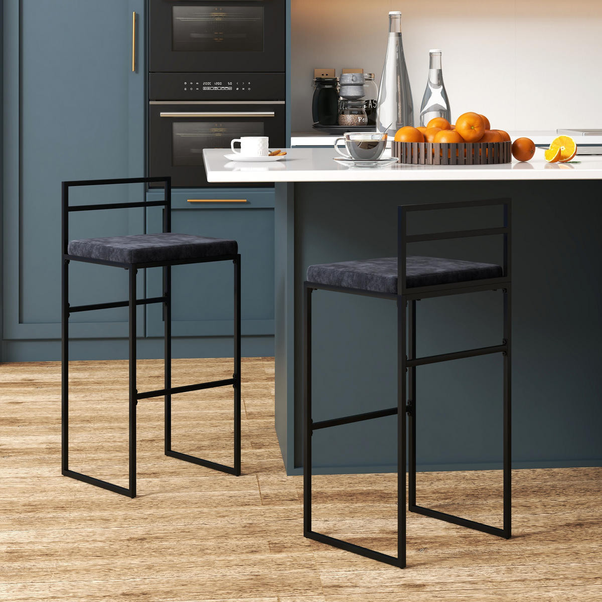 BARHOCKER 2er-Set DE-14728 Samtbezug mit Fußstütze Schwarz - Schwarz, Metall (40/91/42cm) - ComfortXL