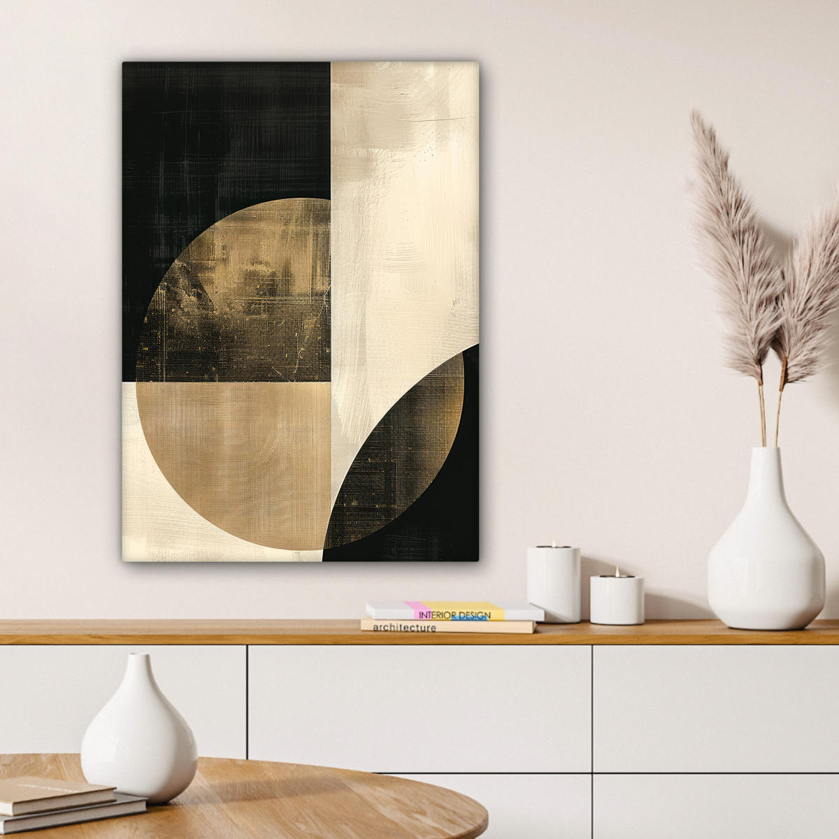 LEINWANDBILD Abstrakt - Geometrische Formen - Schwarz - Gold Wandbild Wohnzimmer 60x80 cm - Ecru, Textil (60/80cm) - MuchoWow