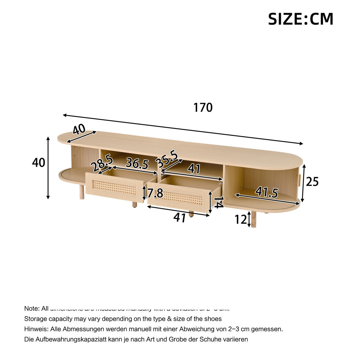 TV-LOWBOARD mit 2 Schubladen 170 x 40 x 40 cm in heller Holzfarbe - Hellbraun, Holz (40/40/170cm) - Beauniv
