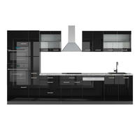 KÜCHENZEILE R-Line Schwarz Hochglanz 350 cm mit Hochschrank, AP Marmor - Schwarz Hochglanz/Anthrazit, Holzwerkstoff (350/81.6/60cm) - Vicco