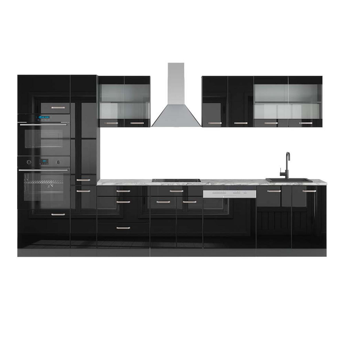 KÜCHENZEILE R-Line Schwarz Hochglanz 350 cm mit Hochschrank, AP Marmor - Schwarz Hochglanz/Anthrazit, Holzwerkstoff (350/81.6/60cm) - Vicco