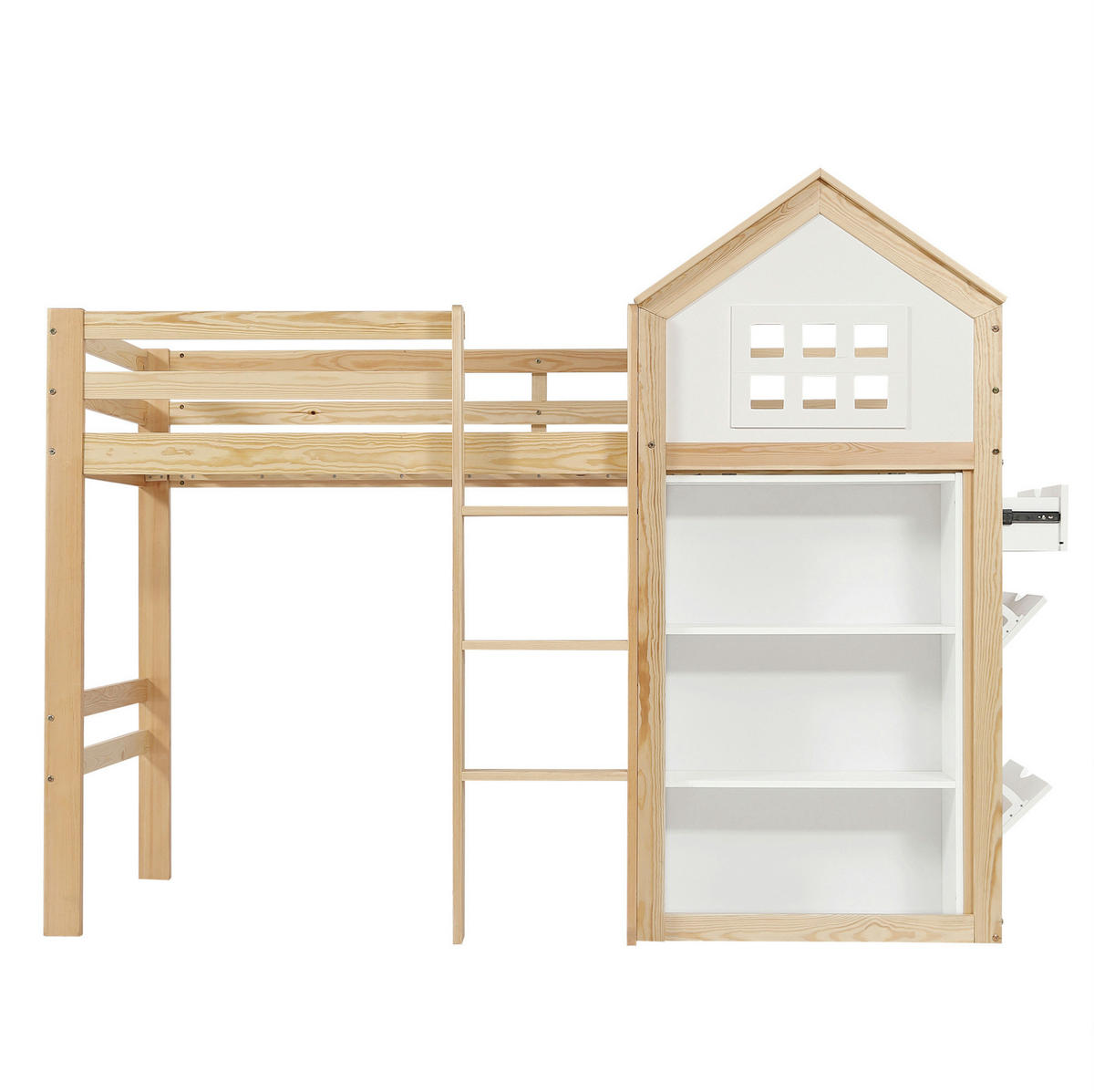HOCHBETT 90/200 cm in Weiß/Natur mit Staufächern, Schubladen und Sicherheitsgeländer - Weiß, Holz (90/200cm) - Flora Grace