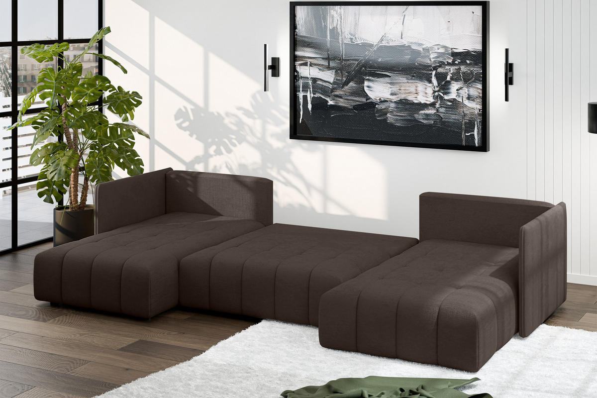 WOHNLANDSCHAFT Veliro U Braun 353/180/83 cm mit Schlaffunktion und Bettkasten - Schwarz/Braun, Kunststoff/Textil (353/83/180cm) - AX Living