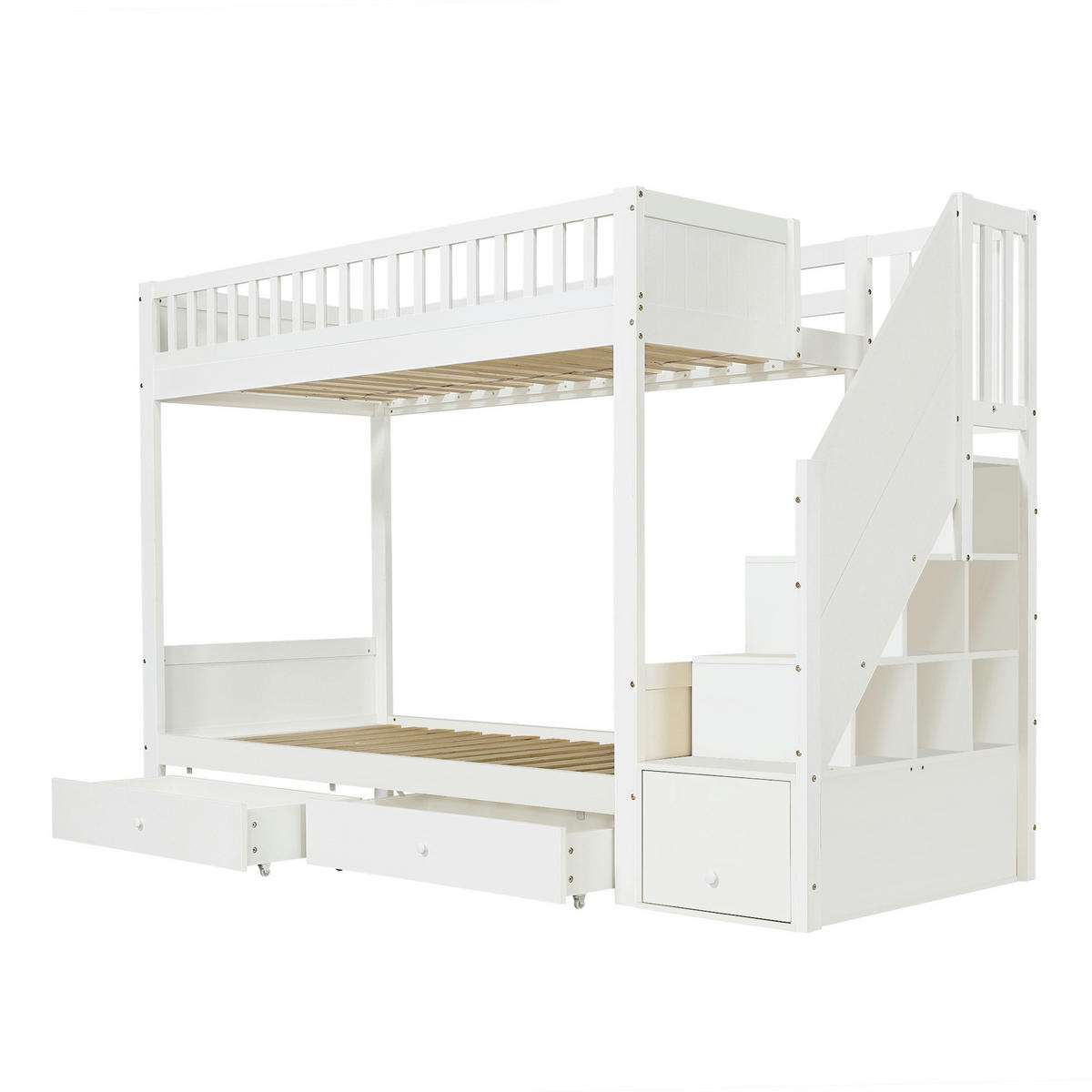 ETAGENBETT 90/200 cm mit Stauraumtreppe und Bettkästen, DE-41747, in Weiß - Weiß, Holzwerkstoff (90/200cm) - ComfortXL