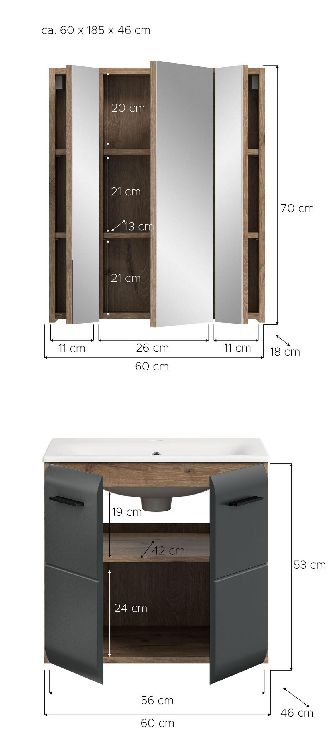 BADEZIMMER Alba 3-tlg. (B/H/T: ca. 60/185/46 cm) in Nox Oak /schwarz matt - Eichefarben, Holz (60/185/46cm)