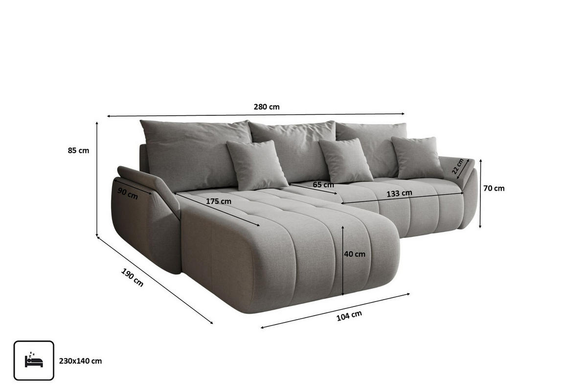 ECKSOFA Mit Schlaffunktion Und Bettkasten TOKYO, Stoff WIND, Sandgrau, Links - Sandfarben, Holz (280/190cm) - Kaiser Möbel