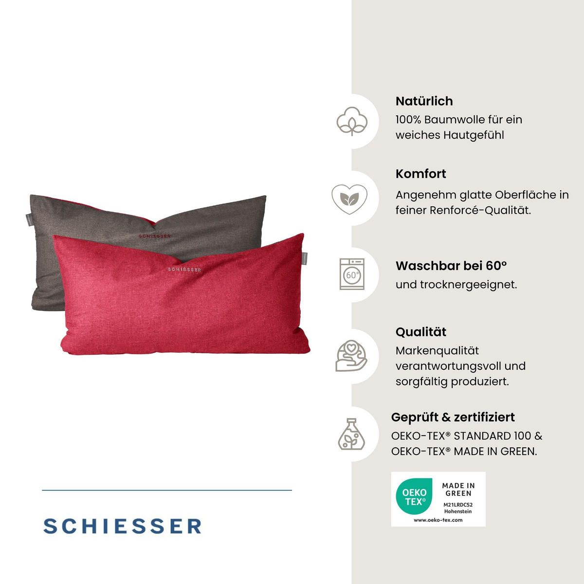 KISSENHÜLLENSET Doubleface Renforcé 2-teilig 40x80 cm Rot-Dunkelgrau - Dunkelgrau/Rot, Textil (40/80cm) - SCHIESSER