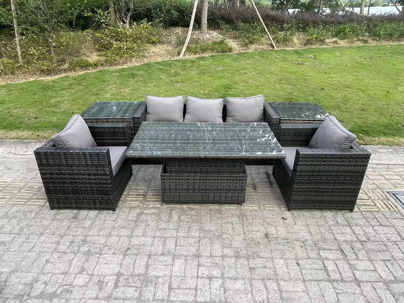 GARTENSOFA Hohe Rückenlehne Polyrattan 5-Sitzer - Dunkelgrau/Grau, Glas/Kunststoff - Fimous