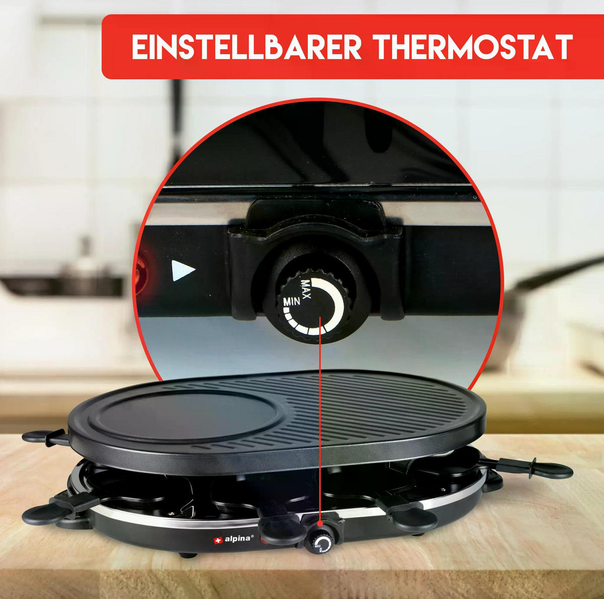 RACLETTEGRILL Gourmet Partygrill, 8 Personen, 1200W Elektrogrill, Antihaft Grillplatte, Abnehmbar, Tischgrill Indoor, Raclette Set Pfännchen - Schwarz, Metall (32/12/47.5cm) - Alpina