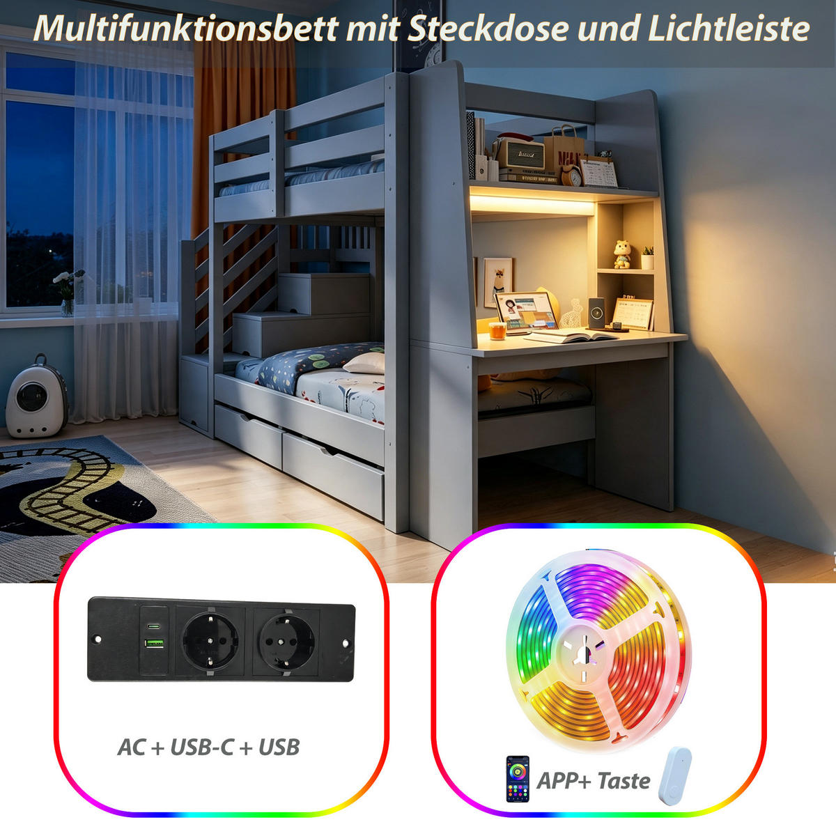 ETAGENBETT aus Holz 90x200 cm Grau mit Stauraumtreppe, Schreibtisch, LED und Steckdose - Grau, Holz (90/200cm) - Modfu