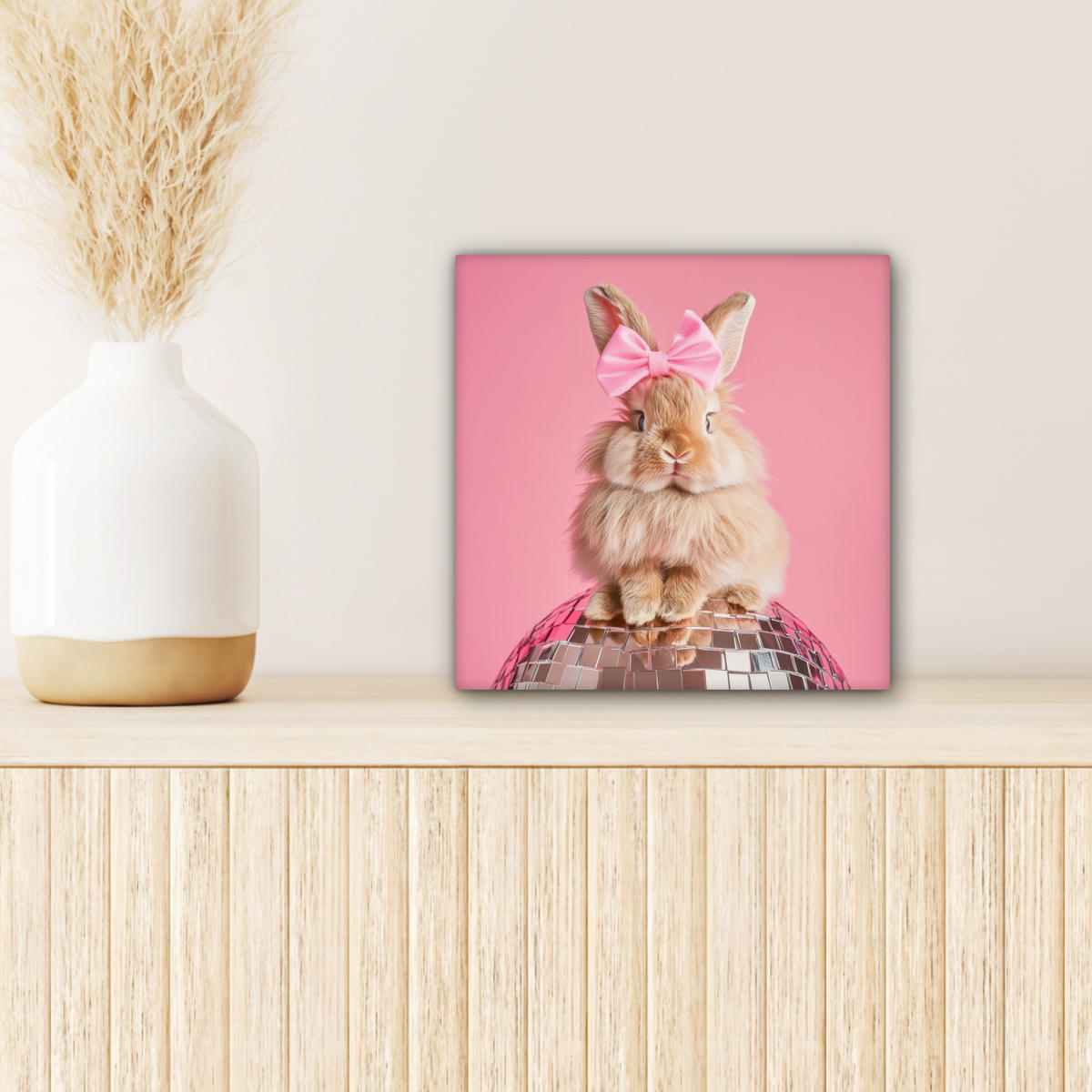 LEINWANDBILD Schleife - Discoball - Kaninchen Deko Wohnzimmer 20x20 cm - Pink, Textil (20/20cm) - MuchoWow