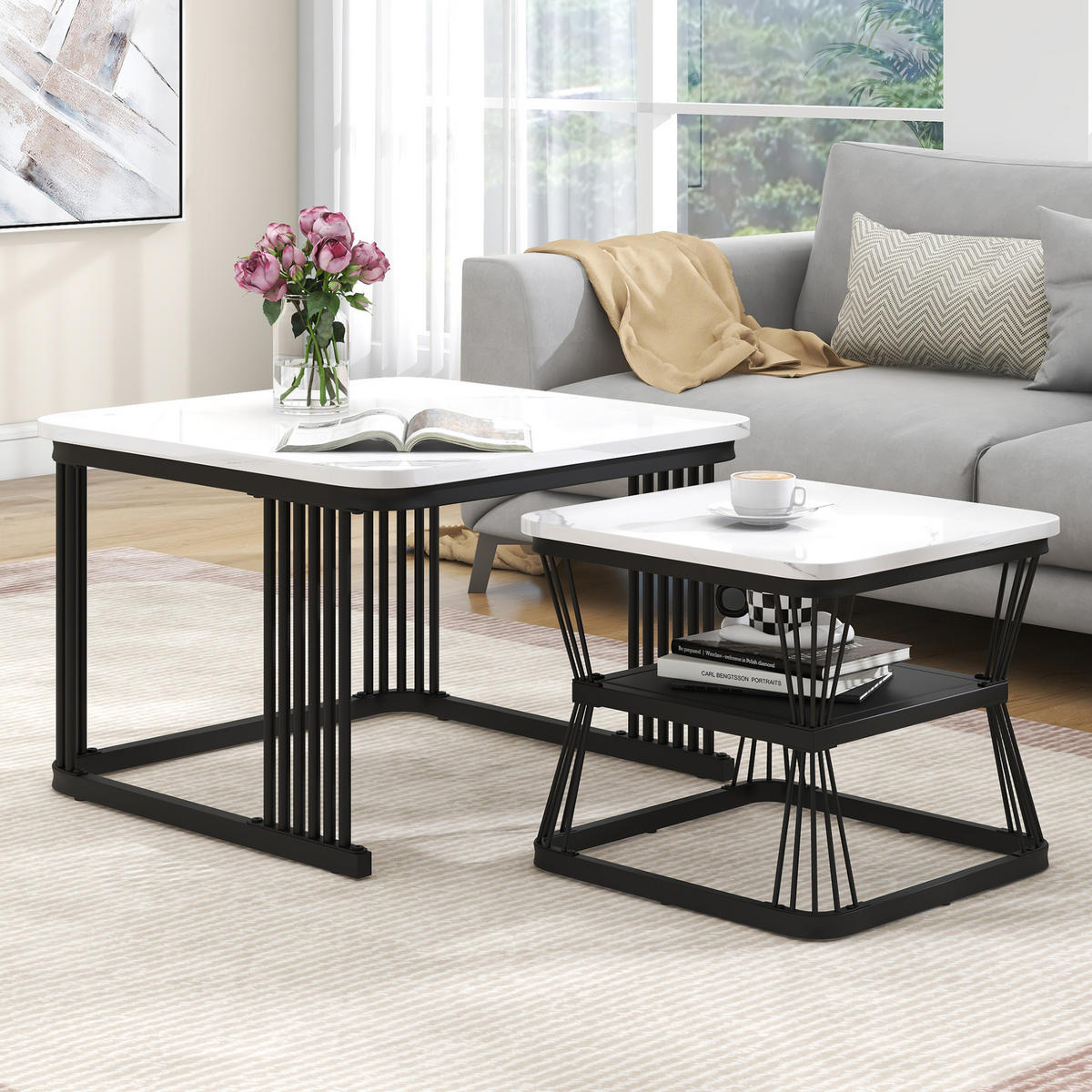 SADA odkládacích stolků 65/65/45 cm bílá z MDF v mramorovém vzhledu - bílá, kompozitní dřevo (65/65/45cm) - OKWISH