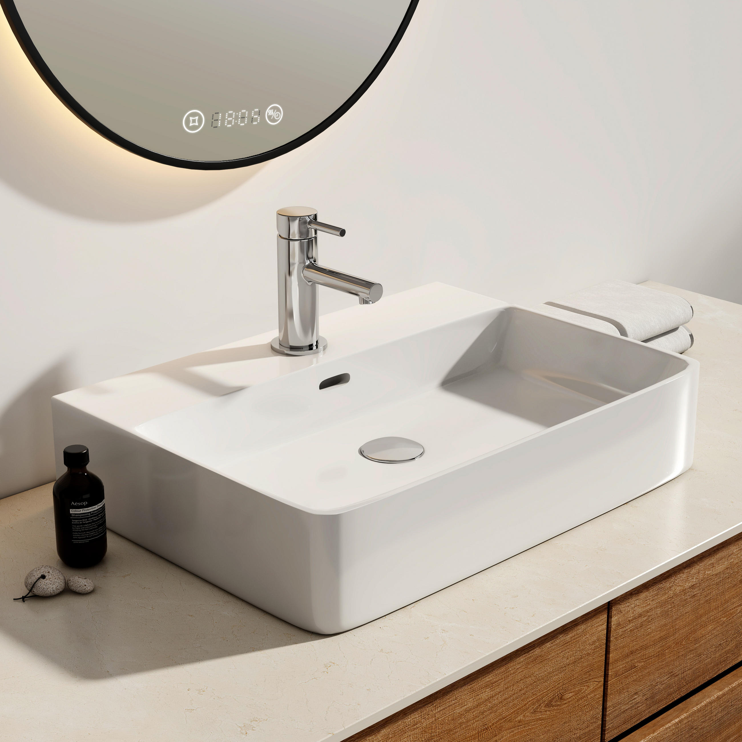 WASCHBECKEN mit 1 Hahnloch, Überlauf und Hahnlochbank, Weiß 59,5/43,5/12,5 cm - Weiß Hochglanz, Keramik (43.5/12.5/59.5cm) - EMKE