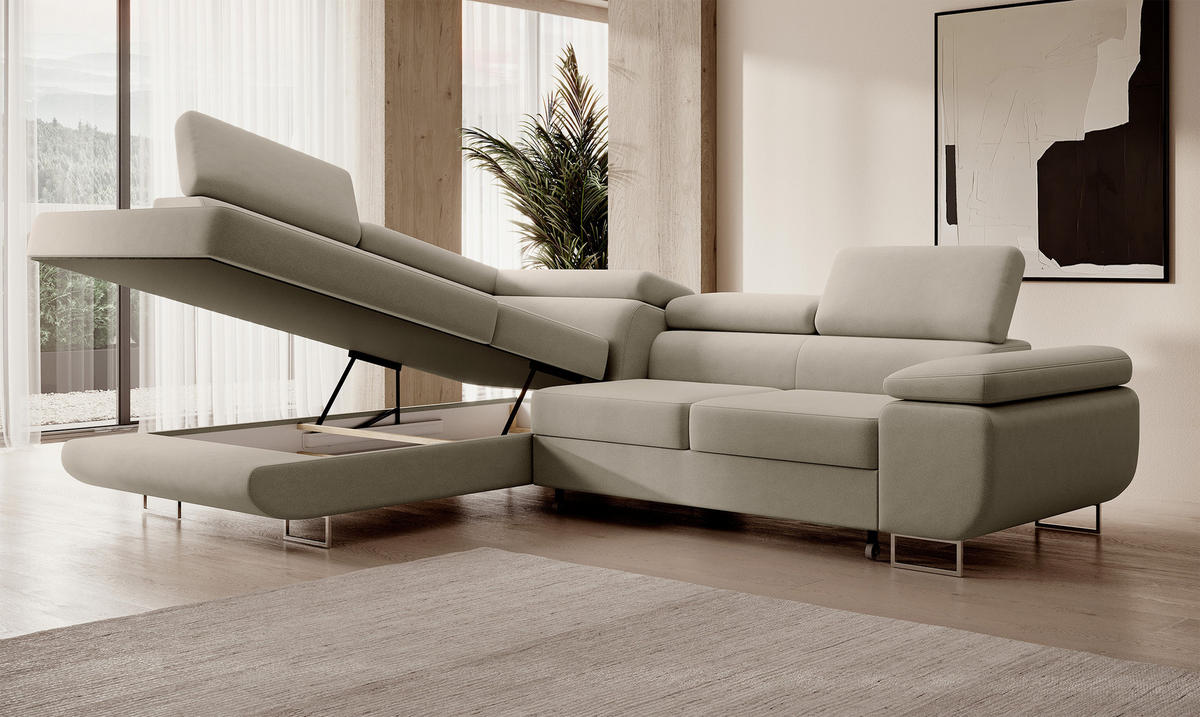 ECKSOFA Stevil Graubeige Velours - Greige/Silberfarben, Textil/Metall (275/203cm) - Selsey