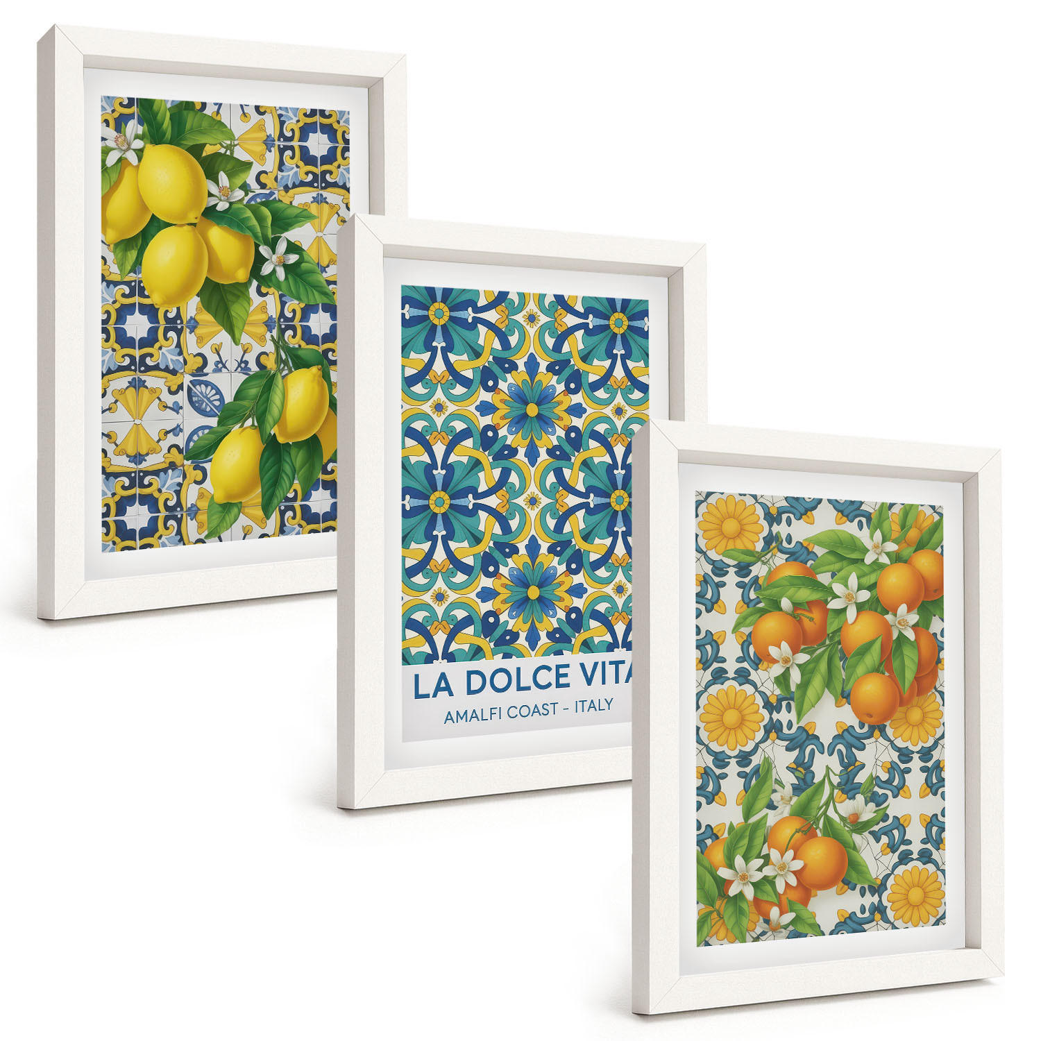 BILDER SET 3er Set - 20x30 cm Weißer Rahmen - Zitronen, Orangen, Blumen, Italien - Weiß, Kunststoff (20/30cm) - TULUP