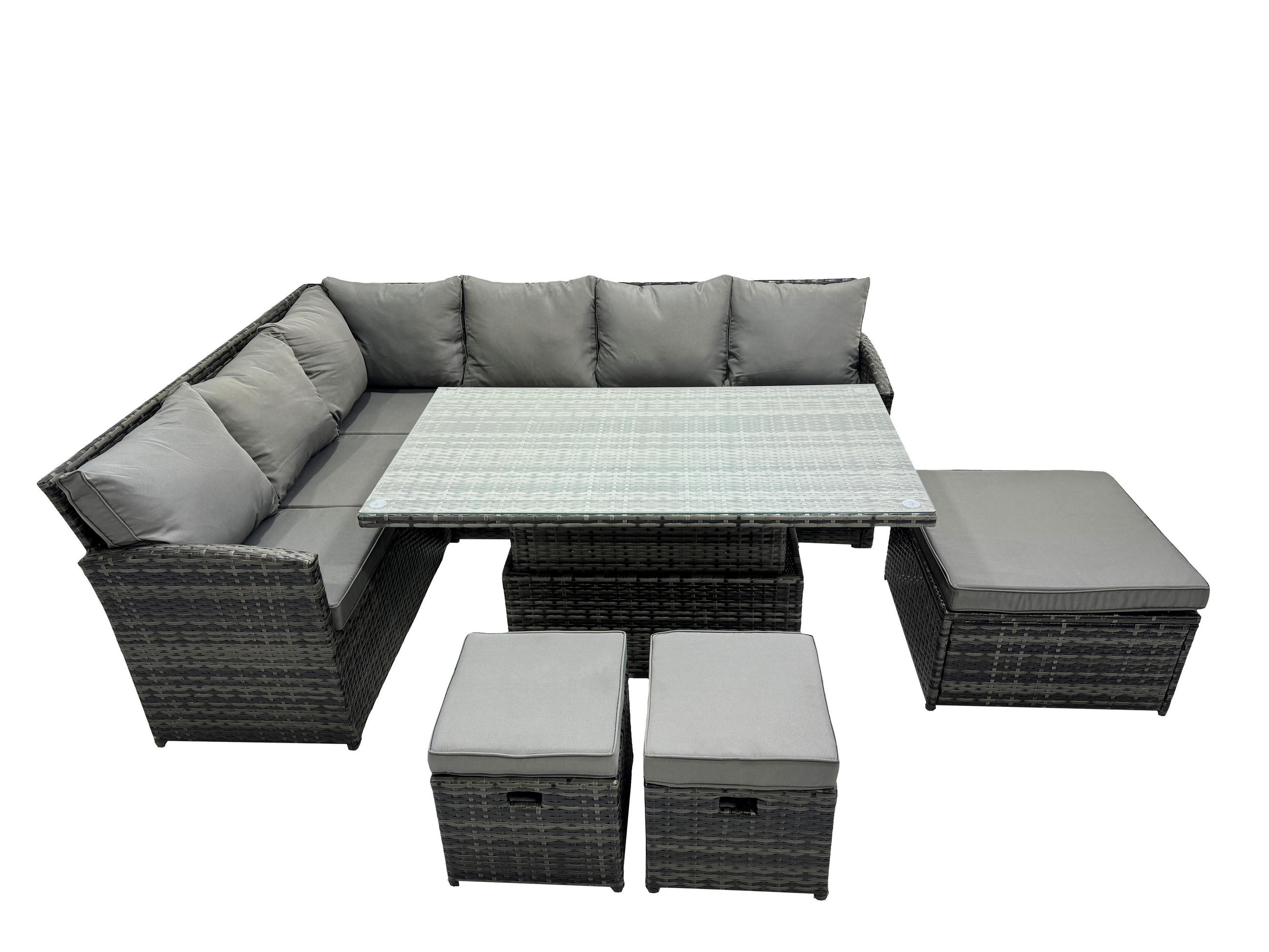 GARTENSET mit Höhenverstellbarer Tisch, 3 Fußhocker Polyrattan Dunkelgrau 9-Sitzer - Dunkelgrau/Grau, Glas/Kunststoff - Fimous