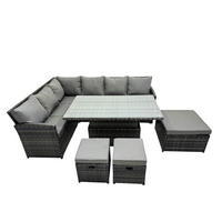 GARTENSET mit Höhenverstellbarer Tisch, 3 Fußhocker Polyrattan Dunkelgrau 9-Sitzer - Dunkelgrau/Grau, Glas/Kunststoff - Fimous