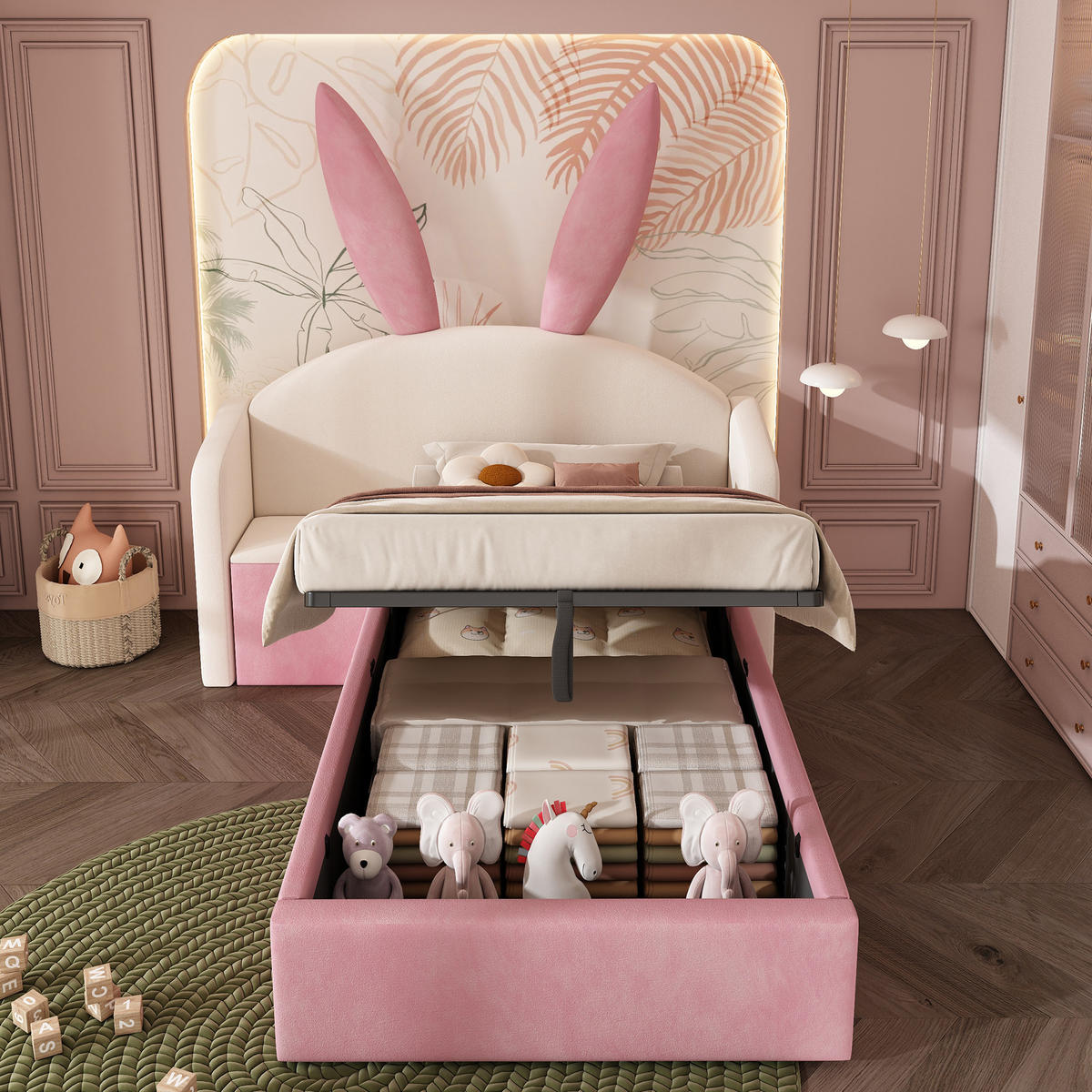 JUGENDBETT 90/200 cm aus Samt mit Stauraum, Nachttisch und Hasenohren-Design Beige/Rosa - Beige, Textil (90/200cm) - Modenvie