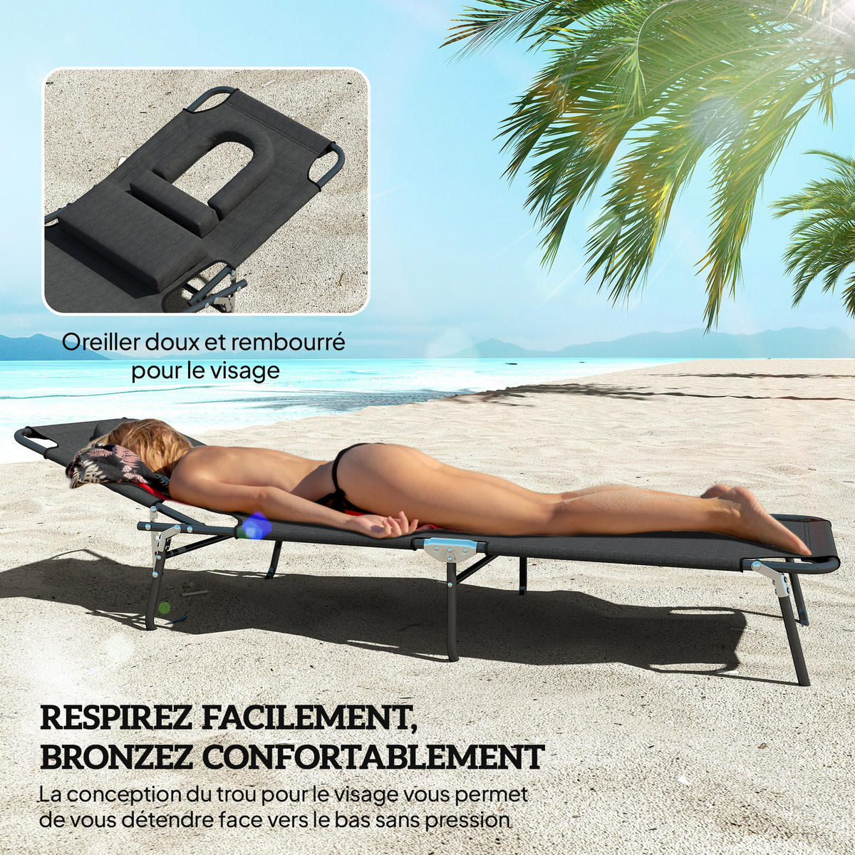 SONNENLIEGE DE-15589 klappbar, 4-fach verstellbar Schwarz - Schwarz, Metall (58/36/187cm) - ComfortXL