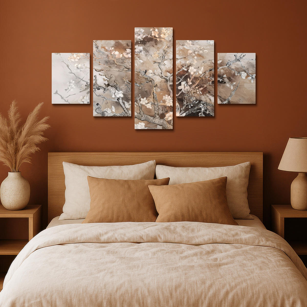 LEINWANDBILD 5er Set Mandelblüte - Abstrakt - Beige 150x80 cm - Beige, Textil (150/80cm) - MuchoWow