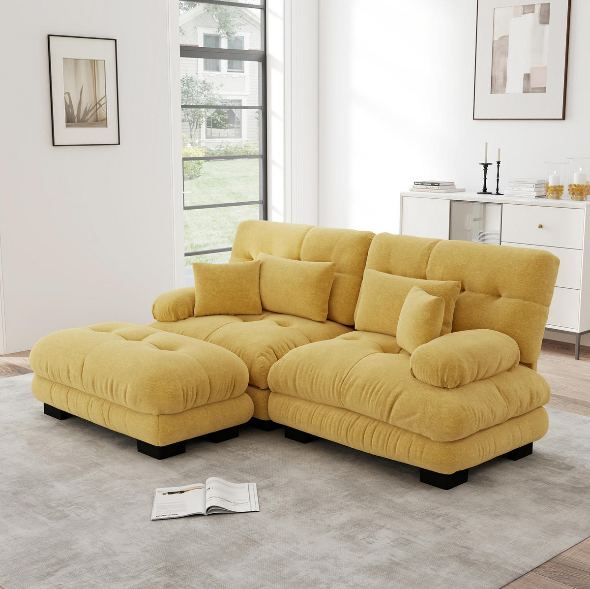 ECKSOFA mit modularer Ottoman, breiten Armlehnen und Zierkissen aus Chenille, Gelb - Gelb, Textil (220/145cm) - Redom