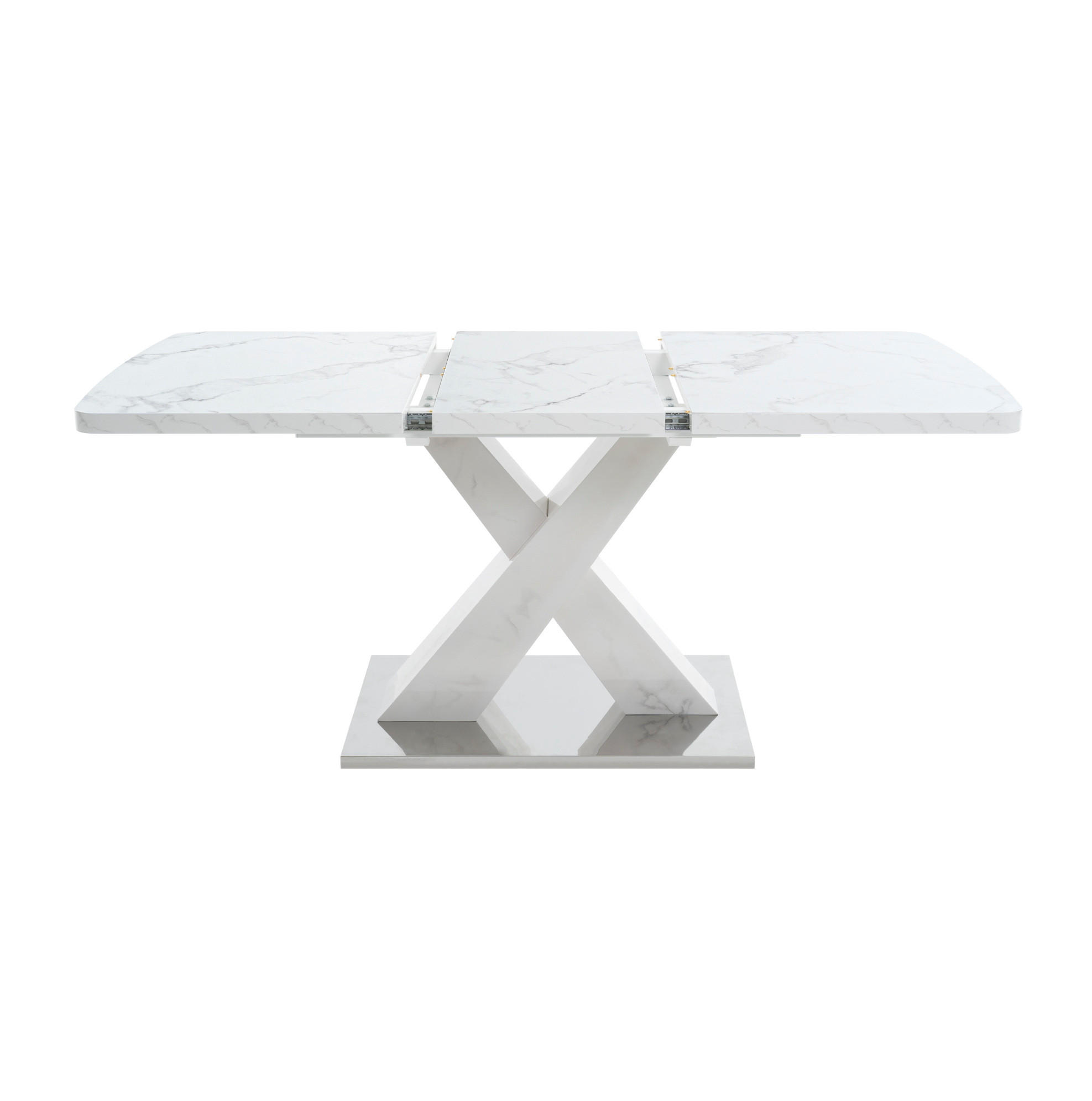 Modfu JÍDELNÍ stůl z MDF a oceli 120-160x80x76,5 cm bílý rozkládací s deskou v dekoru bílého mramoru a podnoží ve tvaru X